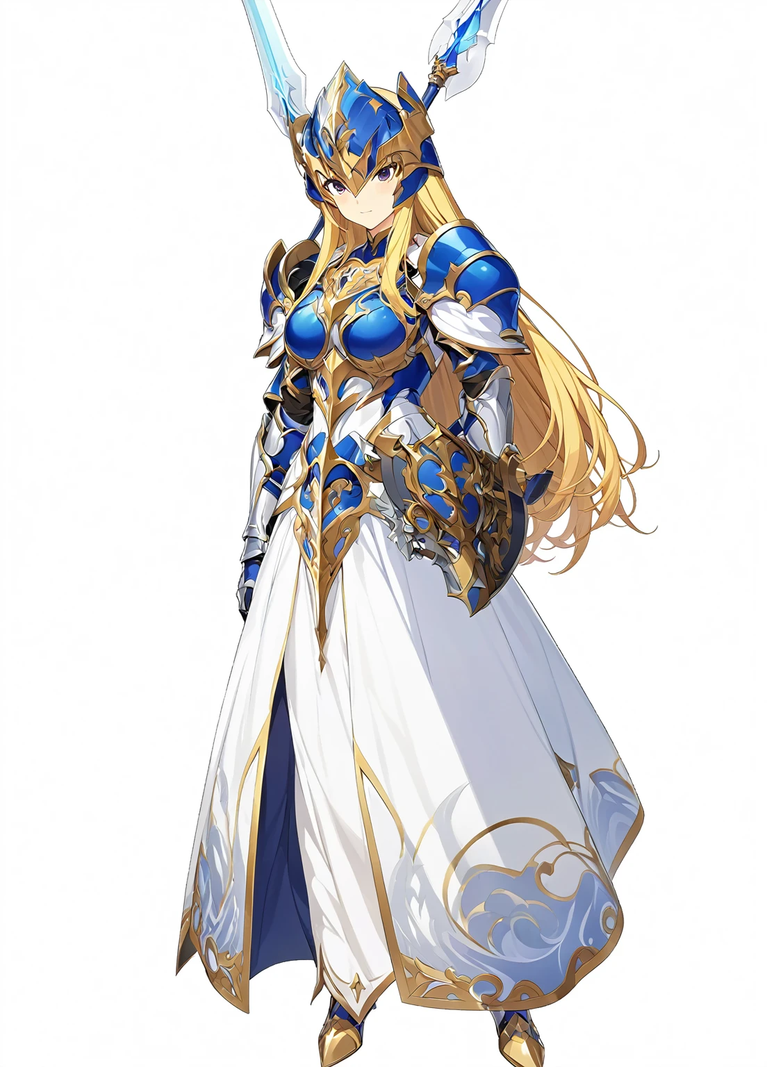 high quality, high resolution, high qualityのゲームアートスタイル, whole body,Valkyrie,perfect hand,Official Art, Smooth game CG art, Visual Novel Sprites, White background,Smooth game CG art, (((Woman with a long spear))),A woman wearing a white dress and blue armor, An intricately designed helmet with white feathers,Small shield, (((In his right hand he holds an elaborate long spear))),Exquisite Blue Armor,Golden Hair, long hair, female knight, Rin々Shii,Large Bust,20-year-old,