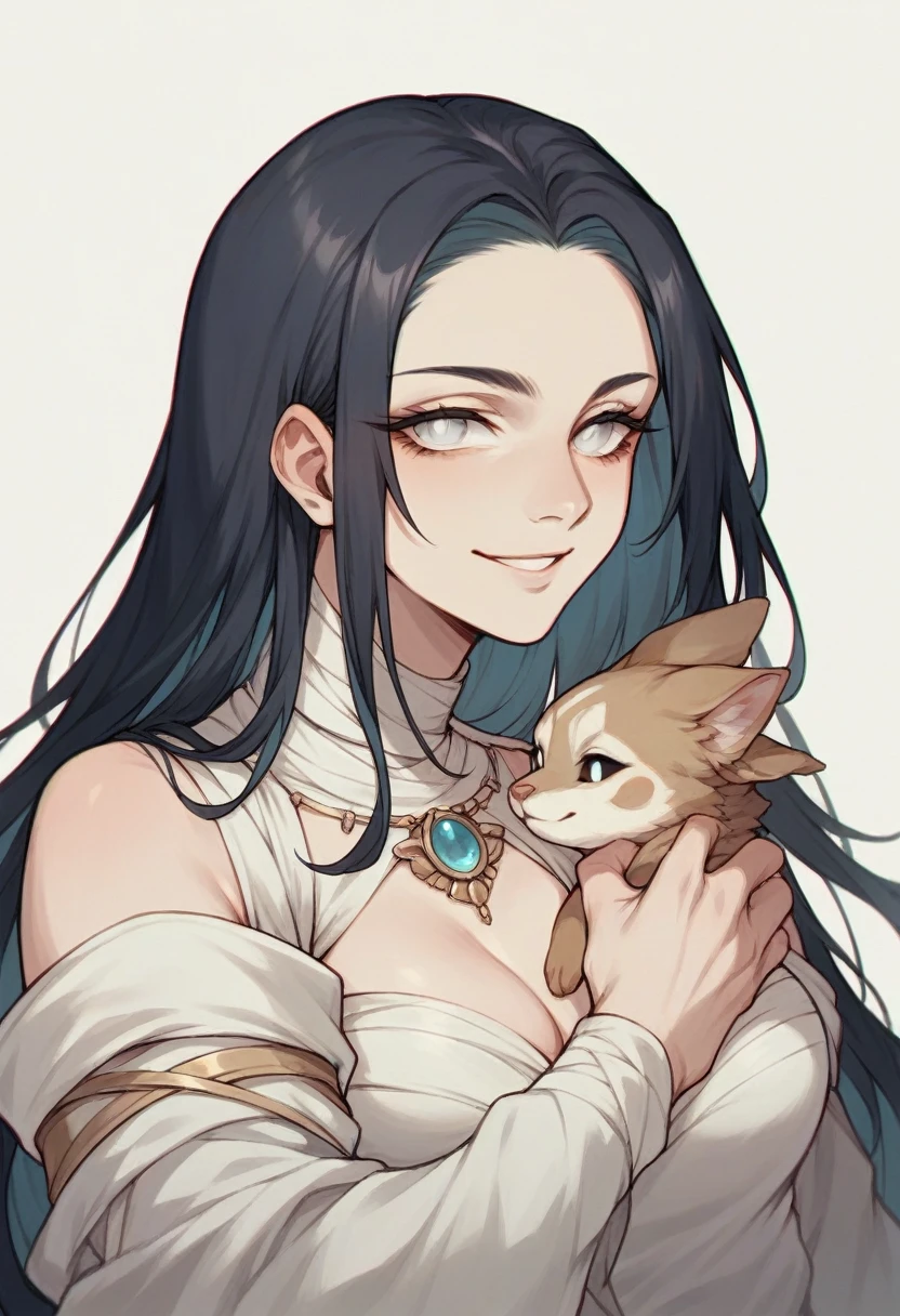Girl with a gentle smile, black like the night hair and completely white eyes