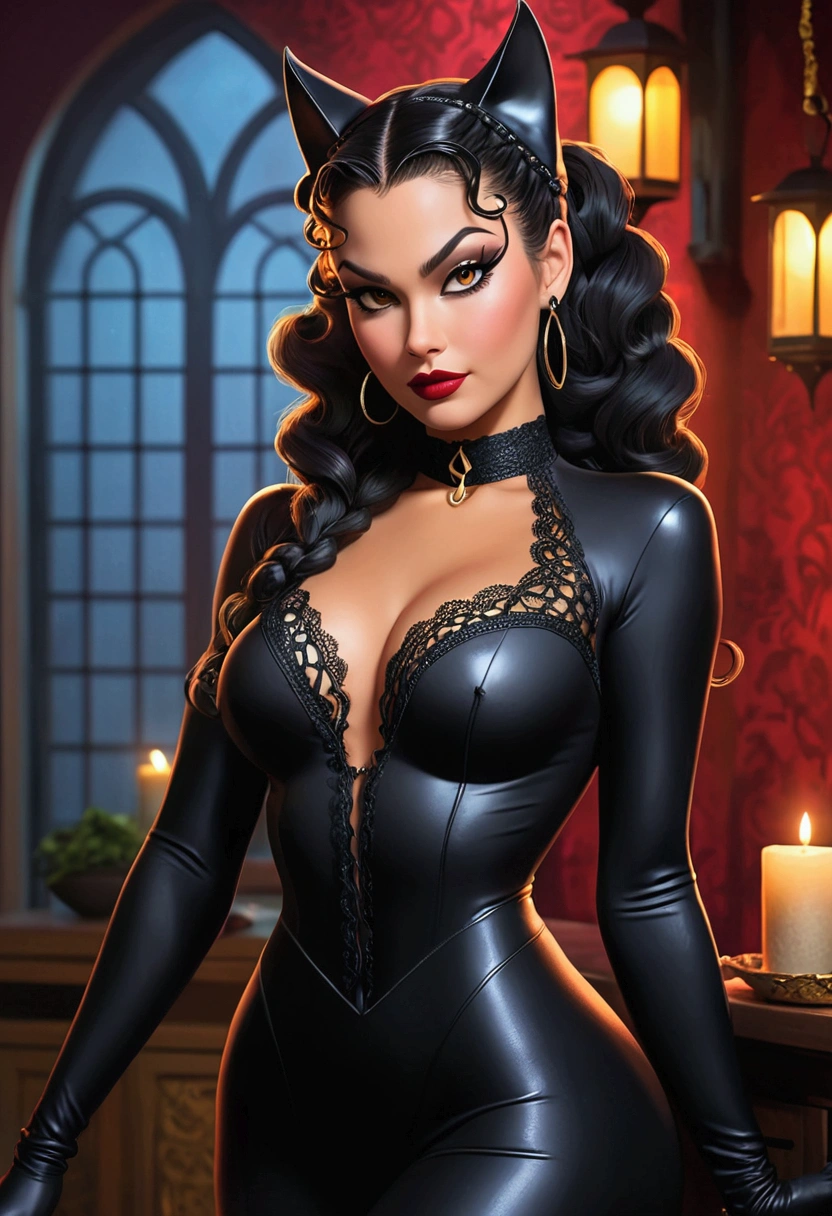 Full body shot Karol G catwoman, ringlets wavy five feet long black hair, updo hairstyle with ponytail on one side and long hairpins holding the bun long braid, strong thighs, dark red glossy lips, heavy black eye shadow long black eyeliner, long sharp claws, black lace beautiful and creative catwoman bodysuit with no jewels, huge cleavage, clear ears no earrings, no earrings, no earrings, no earrings, no jewels, beautiful forehead lace ornament, posing in a feminine catwoman den, happy expression, dark ambience night time candle lights. No faces on her chest!