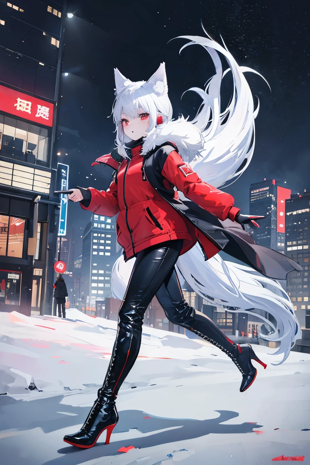 Winter city,whole 影,body,Beastman,Shota,Wolf,headphone,Long Parka,pants,long boots,Stiletto heels with red soles,running