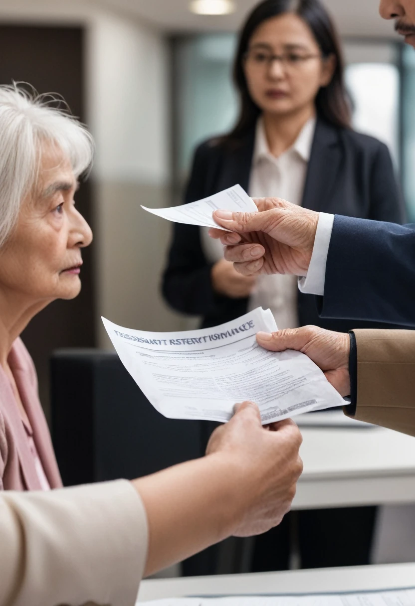 An extreme close-up of poor elderly woman's handing the crumpled reservation paper to the security manager. The focus is on their hands, highlighting the contrast between Miranda's aged, trembling hand and the security manager's firm, steady hand. The background shows the blurred reception area.