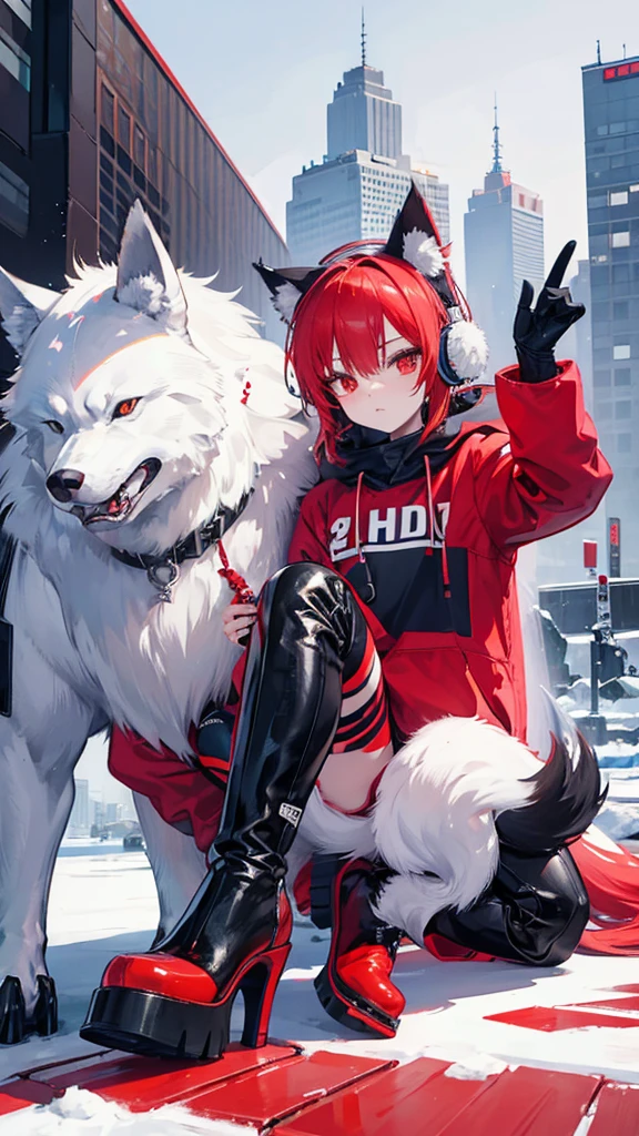 Winter city,whole body,Beastman,Shota,Wolf,headphone,Long Parka,pants,Knee-high boots,Stiletto heels with red soles,Running