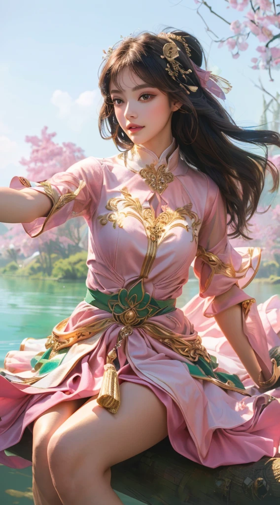 a beautiful girl in a pink dress, sitting on a tree branch, realistic, photorealistic, extremely detailed face and eyes, beautiful detailed lips, longeyelashes, intricate details, natural lighting, golden hour, lush greenery, vibrant colors, award winning photograph, 8k, high resolution