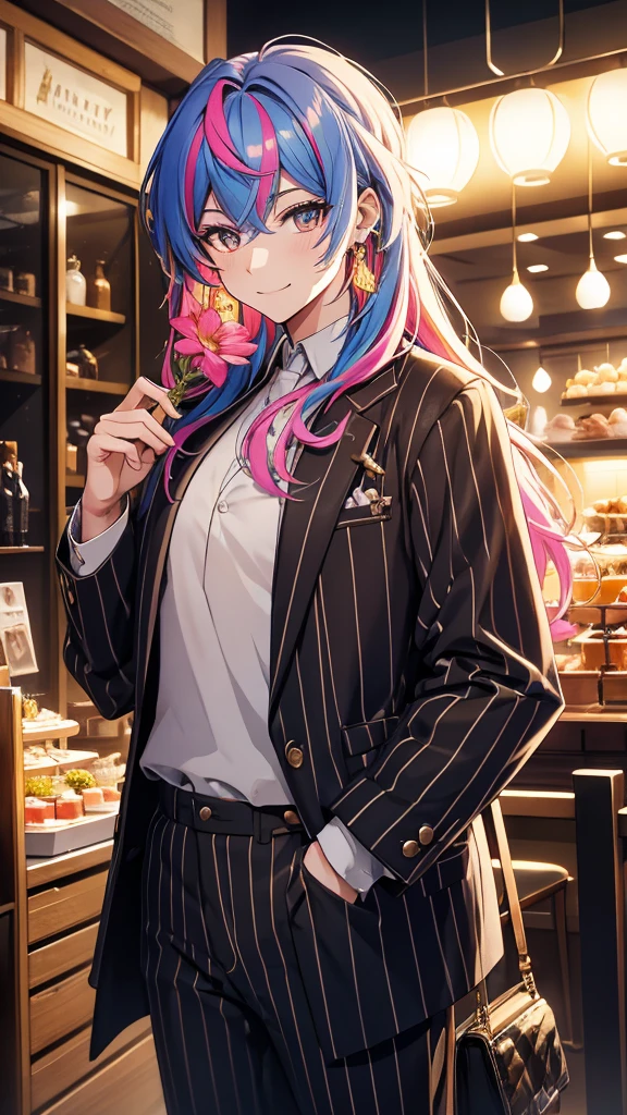 a smiling young man with long hair, looking directly at the viewer, wearing a striped shirt, long sleeves, holding jewelry, a jacket, and a flower, multicolored hair, earrings, multiple boys, shoes, striped pants, vest, black jacket, plaid, rose, sneakers, box, vertical stripes, pink flower, plate, cake, fork, striped background, split-color hair, pinstripe pattern, plaid jacket, best quality, 4k, 8k, highres, masterpiece:1.2, ultra-detailed, realistic, photorealistic, photo-realistic:1.37, HDR, UHD, studio lighting, ultra-fine painting, sharp focus, physically-based rendering, extreme detail description, professional, vivid colors, bokeh, portraits, fantasy, cinematic lighting
