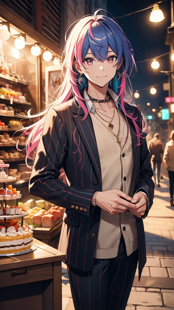 a smiling young man with long hair, looking directly at the viewer, wearing a striped shirt, long sleeves, holding jewelry, a jacket, and a flower, multicolored hair, earrings, multiple boys, shoes, striped pants, vest, black jacket, plaid, rose, sneakers, box, vertical stripes, pink flower, plate, cake, fork, striped background, split-color hair, pinstripe pattern, plaid jacket, best quality, 4k, 8k, highres, masterpiece:1.2, ultra-detailed, realistic, photorealistic, photo-realistic:1.37, HDR, UHD, studio lighting, ultra-fine painting, sharp focus, physically-based rendering, extreme detail description, professional, vivid colors, bokeh, portraits, fantasy, cinematic lighting