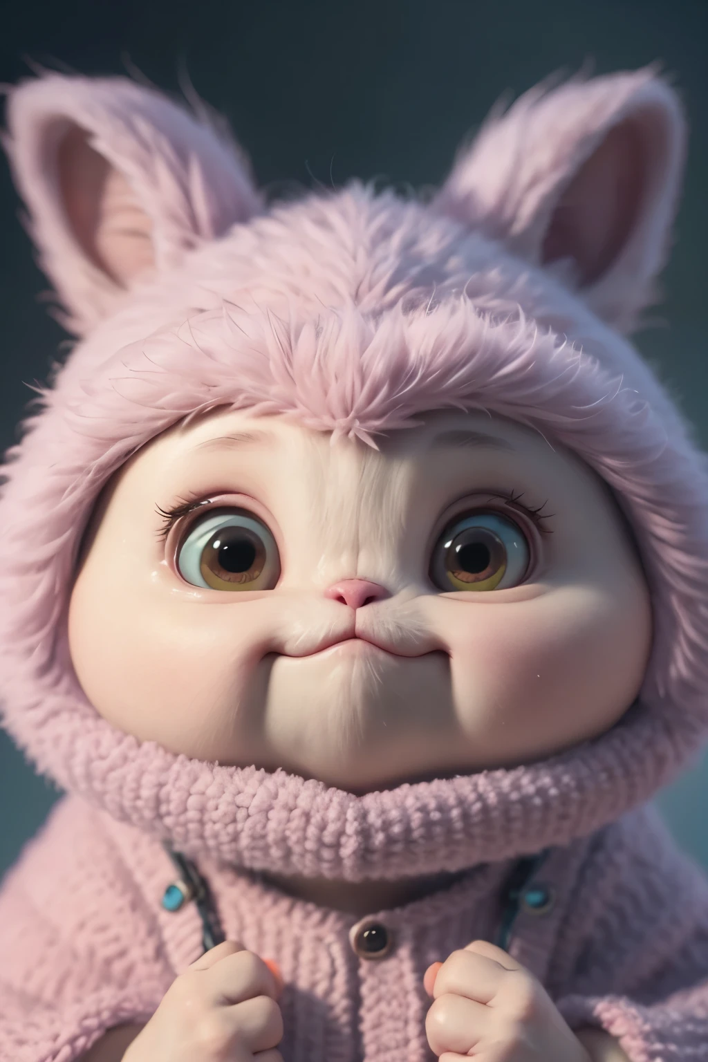 Close-up of a fuffle a cute monster, zbrush central contest winner, cute look, endearing expression, tv commercial, , cute and crazy, laugh-inducing action, disney and pixar animation Character, soft camrea lens, pastel color tune, inspired by The Grand Budapest Hotel color, ultra texture deatil,  