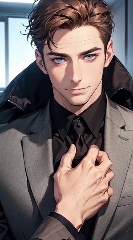 (best quality,4k,8k,highres,masterpiece:1.2),ultra-detailed,(realistic,photorealistic,photo-realistic:1.37),1 man,31 years old,mature man,very handsome,without expression,smile,short grey brown hair,blue eyes,penetrating gaze,perfect face without errors,imposing posture,businessman,office background,cinematic lighting,hdr image