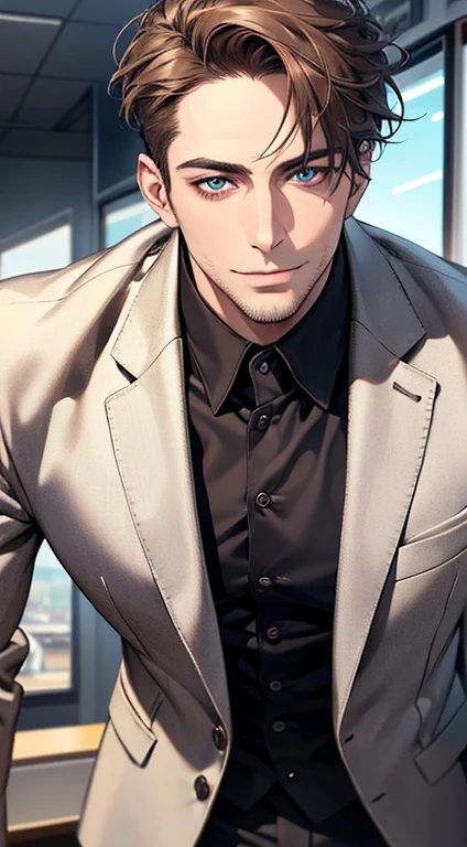 (best quality,4k,8k,highres,masterpiece:1.2),ultra-detailed,(realistic,photorealistic,photo-realistic:1.37),1 man,31 years old,mature man,very handsome,without expression,smile,short grey brown hair,blue eyes,penetrating gaze,perfect face without errors,imposing posture,businessman,office background,cinematic lighting,hdr image