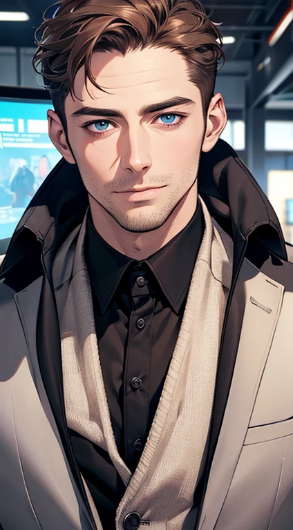 (best quality,4k,8k,highres,masterpiece:1.2),ultra-detailed,(realistic,photorealistic,photo-realistic:1.37),1 man,31 years old,mature man,very handsome,without expression,smile,short grey brown hair,blue eyes,penetrating gaze,perfect face without errors,imposing posture,businessman,office background,cinematic lighting,hdr image
