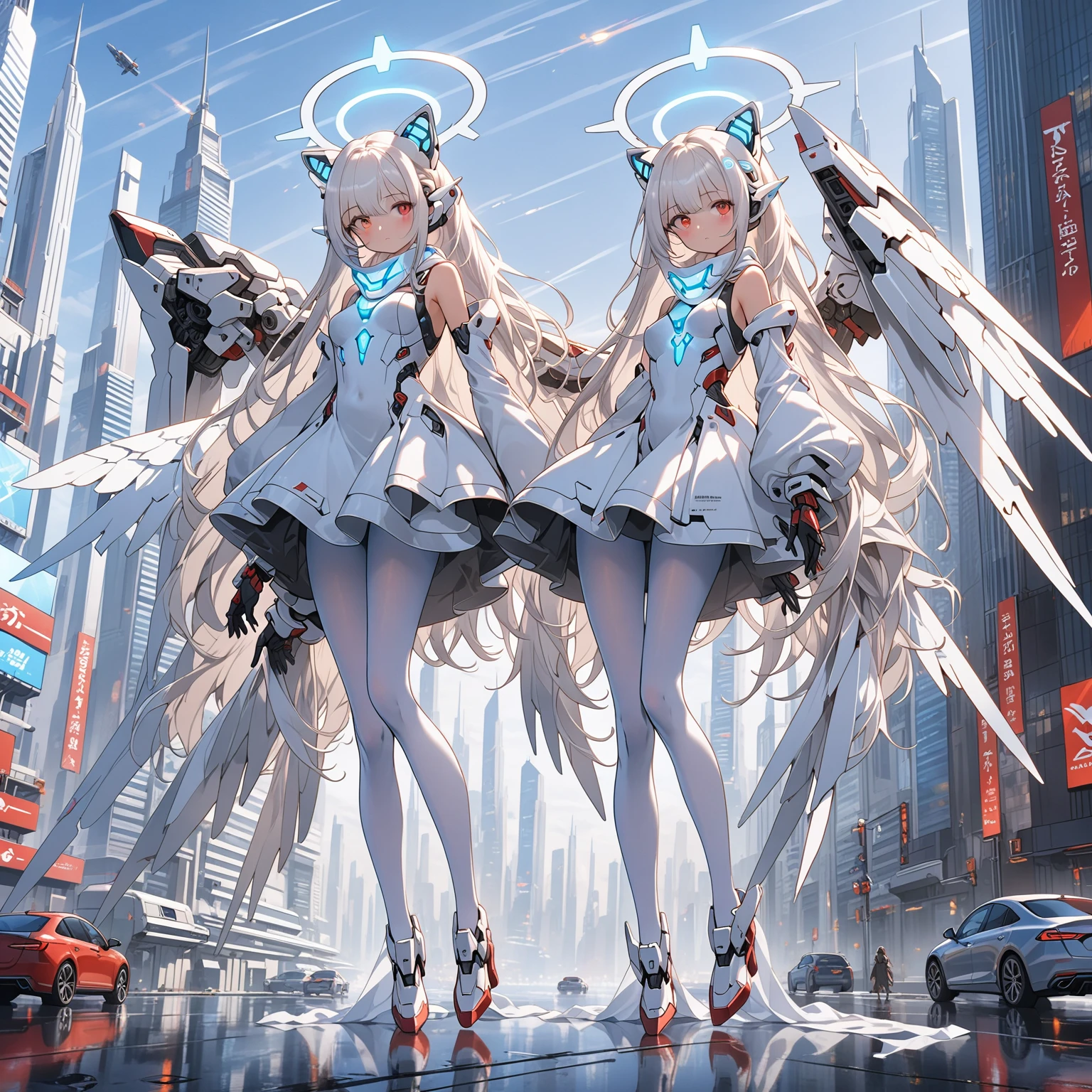 masterpiece, highest quality, highest resolution, clear_image, detailed details, white hair, long hair, 1 girl, car ears, red eyes, futuristic wings, futuristic halo, white sci fi mecha dress, white scarf (around the neck withn a light blue glow), white pantyhose, full body, no water marks, city, no extra limps, no extra body, no extra legs, no extra arms, no extra heads