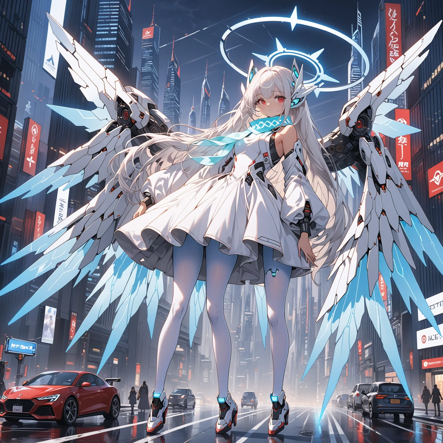 masterpiece, highest quality, highest resolution, clear_image, detailed details, white hair, long hair, 1 girl, car ears, red eyes, futuristic wings, futuristic halo, white sci fi mecha dress, white scarf (around the neck withn a light blue glow), white pantyhose, full body, no water marks, city, no extra limps, no extra body, no extra legs, no extra arms, no extra heads