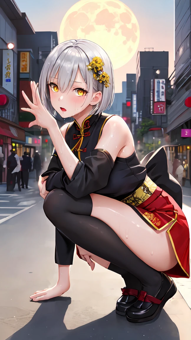 Young girl 19 years old, short silver bob hair, hair flower, sharp bangs between the eyes, yellow  eyes, eyes large, provocative look, obscene expression, notable physical features, traditional chinese imperial clothes black with gold details, red skirt, black thigh high socks., half-sided angle, crouched in the street. japanese city, outdoor city, city at night, with full moon in the background, light reflecting on the sexy and sweaty body. (((sweat))) (work of art:1.2,) (best qualityer), perfect lighting, Flawless sharpness, ultra resolution, 8K, high resolution, highy detailed, realistic texture, Advanced Rendering, cinematic quality, perfect skin without anomalies, meticulous details, crystal clear image, swirly vibrant colors, exceptional clarity, precision detailed, natural appearance, high quality definition, maximum resolution, refined finish, absolute focus, modern aesthetic, impressive look, detailed expression.