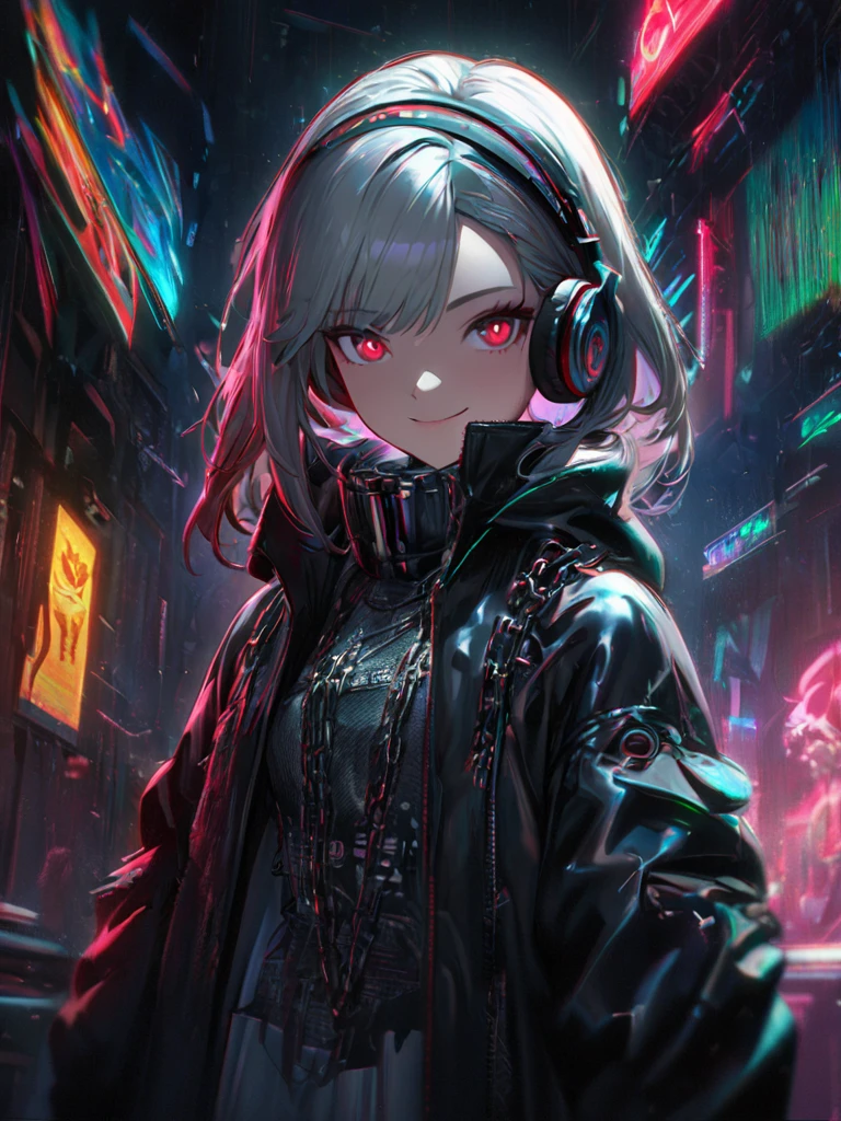 1 Girl, chromatic aberration, Written boundary depth, Soft Light, masterpiece, Highest quality, complicated, Tone Mapping, Very detailed, Art Station, Concept Art, Smooth, Clear focus, Dramatic lighting, Very detailed artwork, movie, super practical painting, Art Station's trending, 8K, Incredible Shadows, practical, (Very detailed background:1.0), whole body, View, Viewers, Very detailed portrait of one girl 1, standing on street corner, Heavy rain and lightning、Dark Sky, neon and cyber punk background, she is dressed in punk clothing with silver chains and silver spikes, Her hair was dyed a bright black color.,The middle part is black, She wears headphones, Detailed red eyes with clear pupils, Ominous aura of light, smile, punk, ciber punk, Backlight.head band、No knowledge of horses'tail、Stylish bob,Ponytail with ribbon