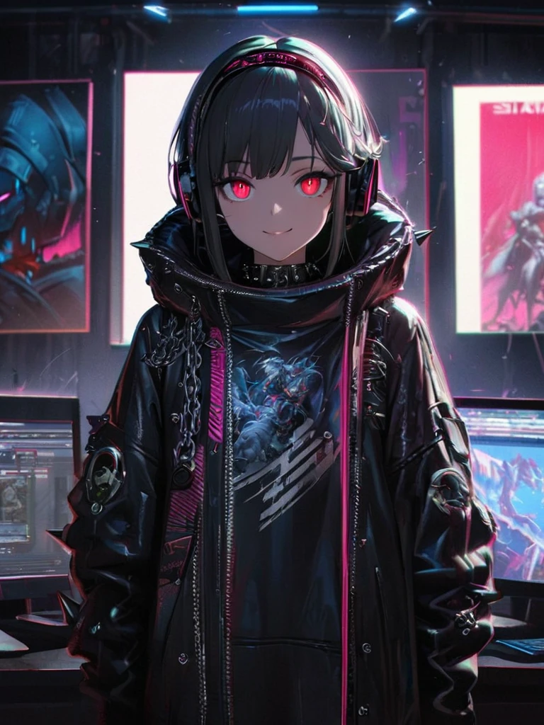 1 Girl, chromatic aberration, Written boundary depth, Soft Light, masterpiece, Highest quality, complicated, Tone Mapping, Very detailed, Art Station, Concept Art, Smooth, Clear focus, Dramatic lighting, Very detailed artwork, movie, super practical painting, Art Station's trending, 8K, Incredible Shadows, practical, (Very detailed background:1.0), whole body, View, Viewers, Very detailed portrait of one girl 1, standing on street corner, Heavy rain and lightning、Dark Sky, neon and cyber punk background, she is dressed in punk clothing with silver chains and silver spikes, Her hair was dyed a bright black color.,The middle part is black, She wears headphones, Detailed red eyes with clear pupils, Ominous aura of light, smile, punk, ciber punk, Backlight.head band、No knowledge of horses'tail、Stylish bob,Ponytail with ribbon
