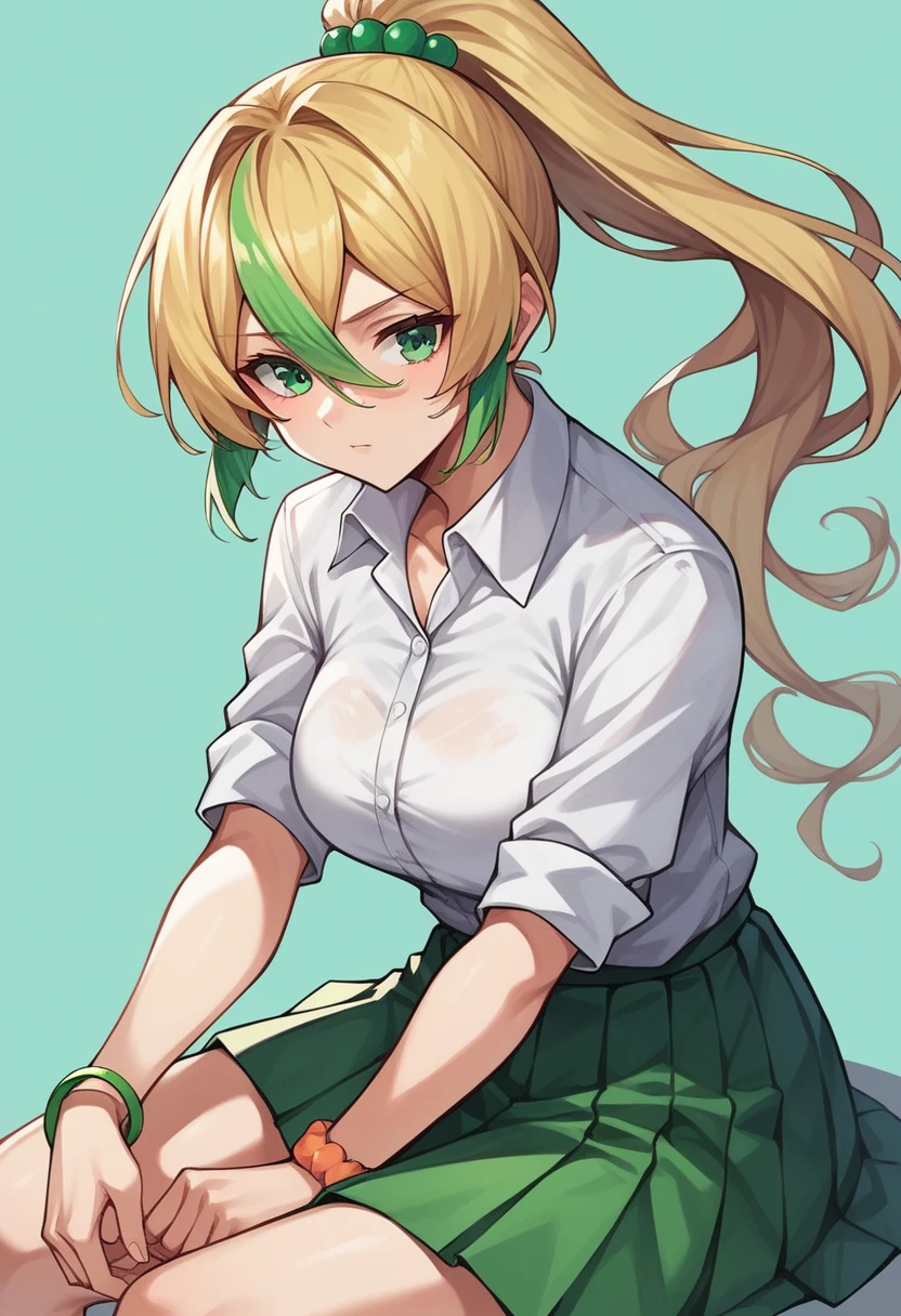 huge , Yukana Yame, long hair, bang, blonde hair, hair between eyes, (green eyes:1.5), ponytail, multicolored hair, scrunchy, high ponytail, pomade, improve, when, draw up, skirt, shirt, jewelry, , clavicle, white shirt, pleated skirt, collared shirt, miniskirt, bracelet, green skirt,