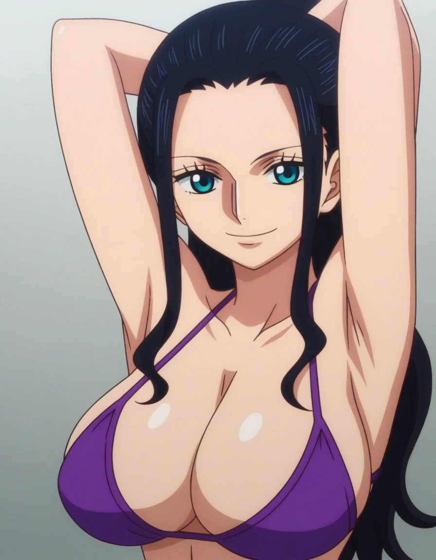 score_9, score_8_up, source_anime, anime screencap, one_piece_wano_style, Nico Robin, black hair, long hair, blue eyes, large breasts, perfect body, bikini, looking at viewer, smile, cleavage, from front, upper body, looking at viewer, arms behind head