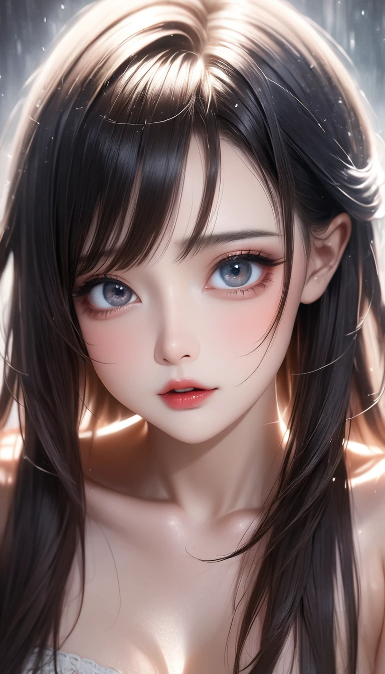 beautiful woman turns around, brushing her hair back, glossy smooth hair, shiny big eyes, sighing lips, make-up, attractive and seductive expression, great Proportions, 2.5D, delicate and dynamic, foggy filter effect, beautiful effects, Cute Girl
