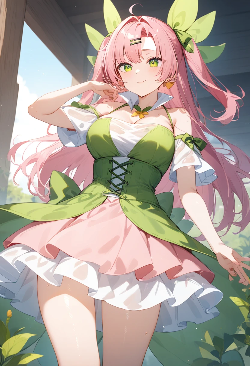 An anime girl,Pink long hair,Green eyes,Fairy Costume,Immortal Cultivation,Spirit Mountain,chest,thigh,ribbon