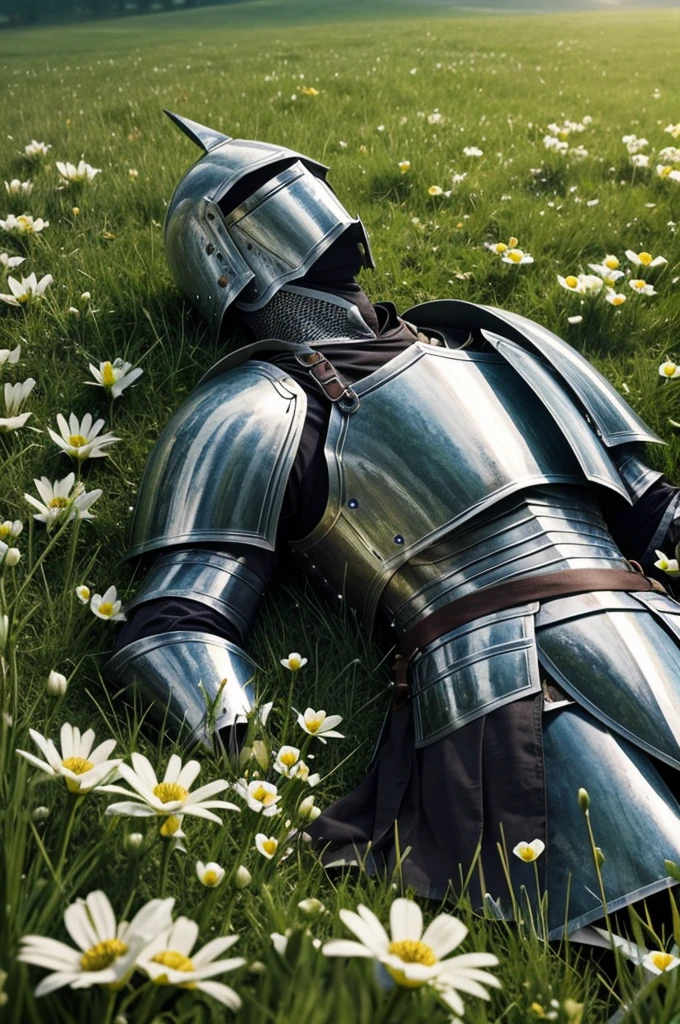 A knight in armor lying on the grass, sad with head bowed, about beautiful flowers with the background of a meadow at night. Find the character lying down in the lower right corner of the screen. Let it be an image made in the style of the anime bersek. Let the image be anime