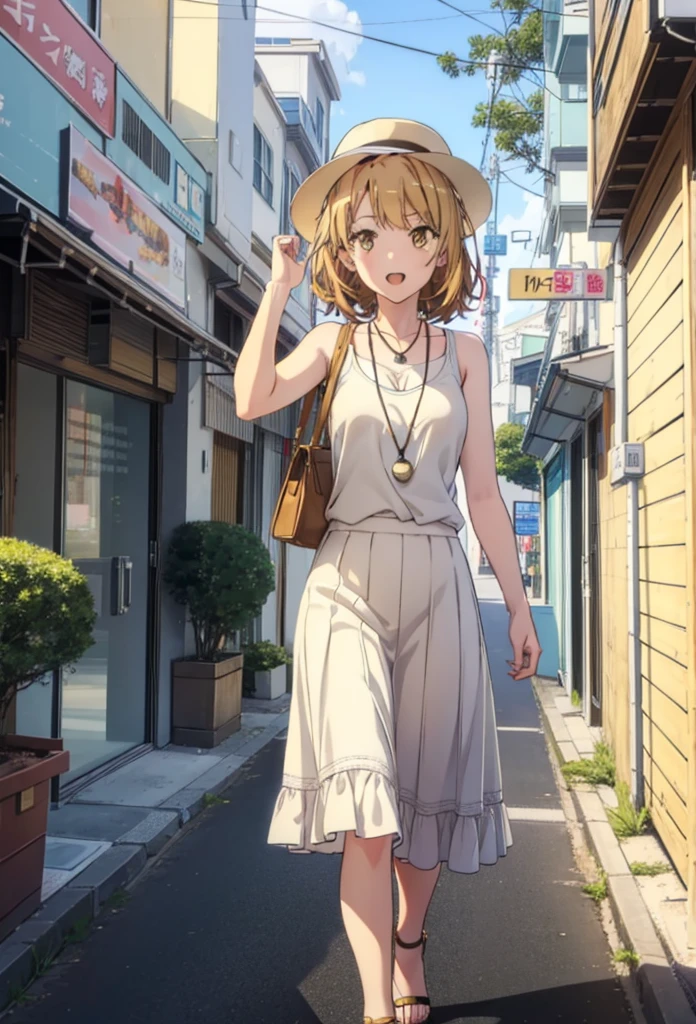 Irohaisshiki, isshiki iroha, One Woman,short hair, Brown Hair, (Brown eyes:1.5), happy smile, smile, Open your mouth,White hat,Yellow Tank Top,Locket Necklace,Long skirt,Heeled Sandals,Palm tree,True Summer,Daytime,Clear skies,Walking,whole bodyがイラストに入るように,
break outdoors,In town,Tropical,Okinawa Kokusai Street,
break looking at viewer,whole body,
break (masterpiece:1.2), Highest quality, High resolution, unity 8k wallpaper, (figure:0.8), (Beautiful attention to detail:1.6), Highly detailed face, Perfect lighting, Highly detailed CG, (Perfect hands, Perfect Anatomy),