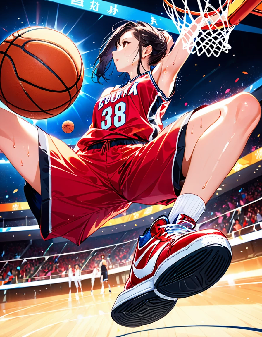 Young beautiful woman,(Highest quality,Extremely detailed depiction,Incredibly absurd high resolution,Anatomically accurate depiction,SFW),(Glowing Skin,Shiny skin,Sweat),basketballの選手,basketballのユニフォーム,basketball,A spectacular dunk shot,goal,background:basketballの試合中,From below:1.3