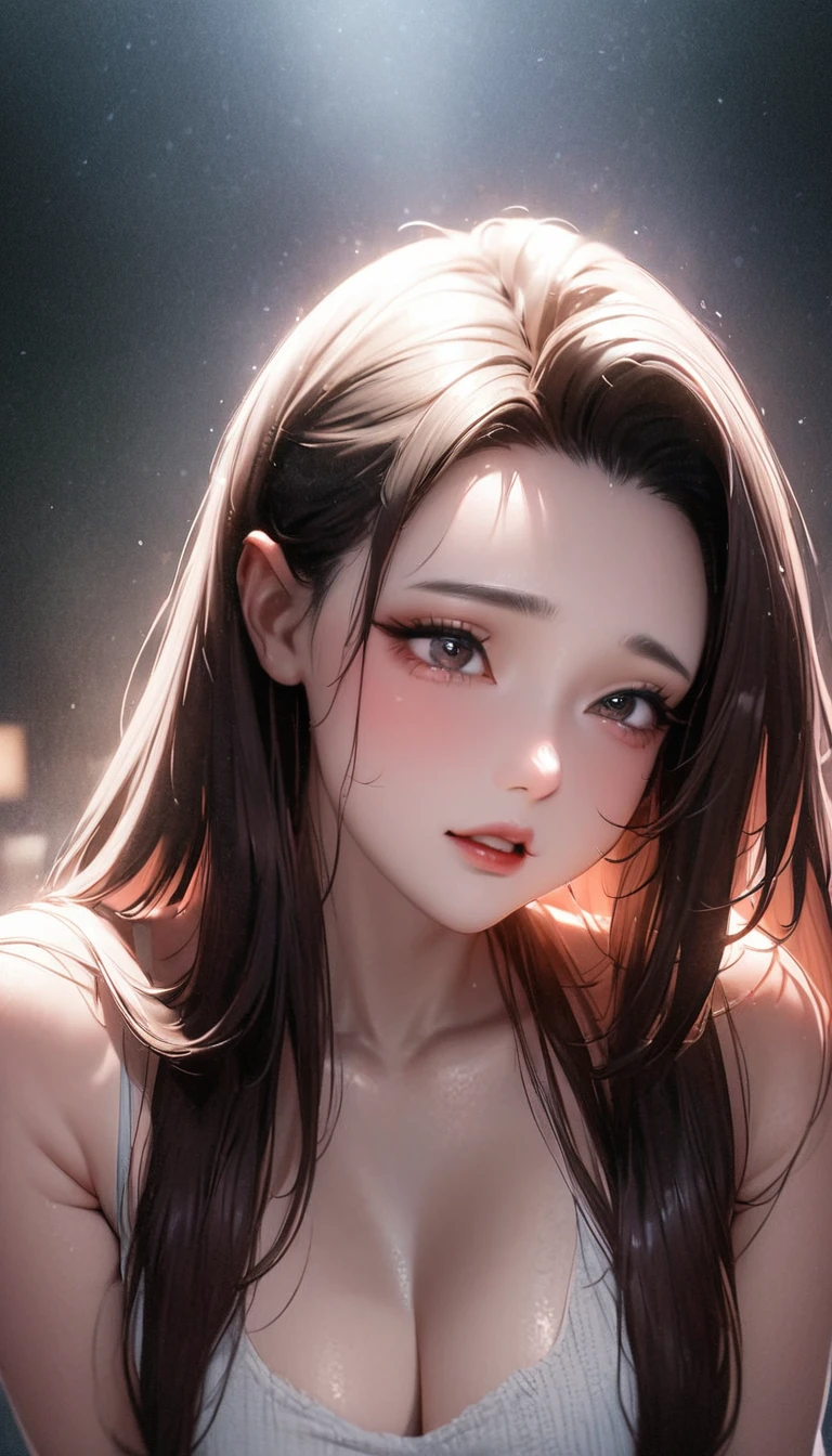 beautiful woman turns around, brushing her hair back, glossy smooth hair, shiny big eyes, sighing lips, make-up, attractive and seductive expression, great Proportions, 2.5D, delicate and dynamic, foggy filter effect, beautiful effects, Cute Girl