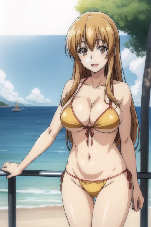 best quality, (masterpiece:1.2), highly detailed, standing, beach, mature woman,
1girl, solo, kotegawa nanaka,
looking at the viewer, open mouth, smile,
brown eyes, brown hair, long hair, slingshot bikini, yellow bikini
