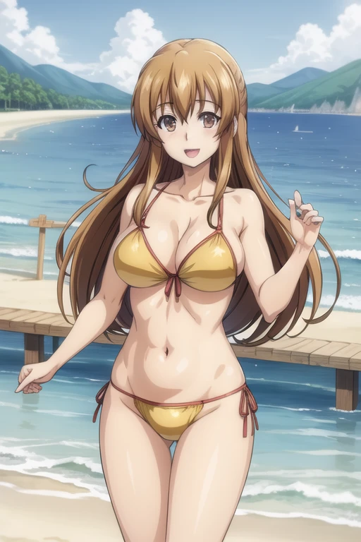 best quality, (masterpiece:1.2), highly detailed, standing, beach, mature woman,
1girl, solo, kotegawa nanaka,
looking at the viewer, open mouth, smile,
brown eyes, brown hair, long hair, slingshot bikini, yellow bikini