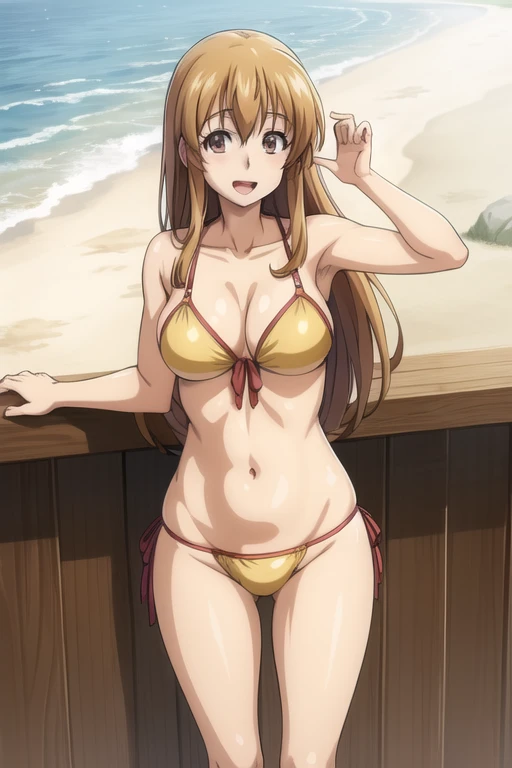 best quality, (masterpiece:1.2), highly detailed, standing, beach, mature woman,
1girl, solo, kotegawa nanaka,
looking at the viewer, open mouth, smile,
brown eyes, brown hair, long hair, slingshot bikini, yellow bikini