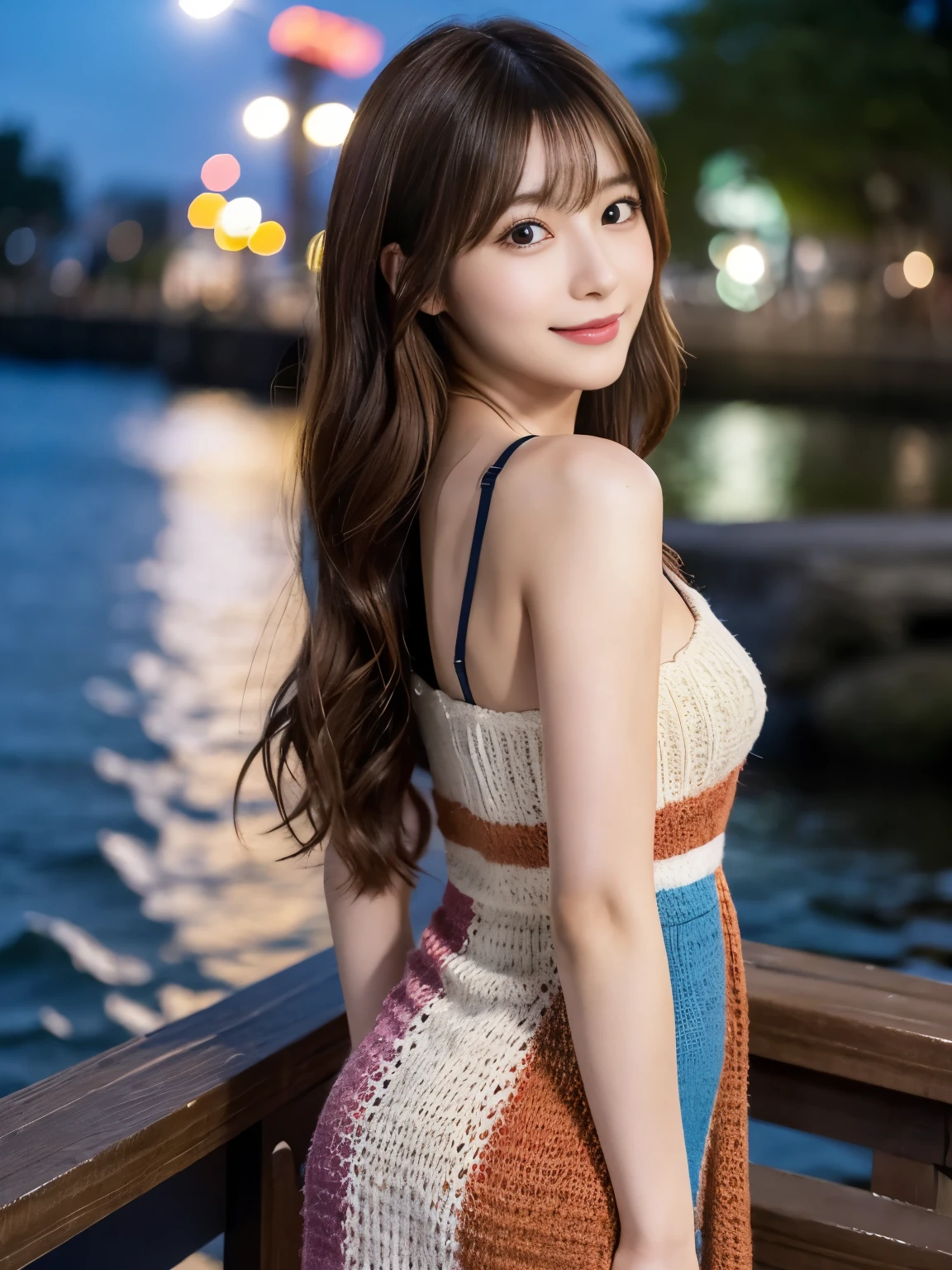 Masterpiece, 1 girl, A detailed eye, Puffy eyes, top-quality, high resolution, (Realistic: 1.4), cinematic lighting, Japanese, Asian Beauty, Super beauty, Beautiful skin, A slender, (A hyper-realistic), (high resolution), (8K), (High detailed), (beautifully detailed eyes), (Ultra-detail), (wall-), A detailed face, Bright lighting, professional lighting, looking at viewer, (The costume a colorful knitted dress), Long hair, Wave hair, hair messy, asymmetrical bangs, nighttime scene, Brown hair, Japan Idle, Korean Idol, posing Gravure Idol, age28, tall, smile, Sea Park scene, ((Random body orientation)),
