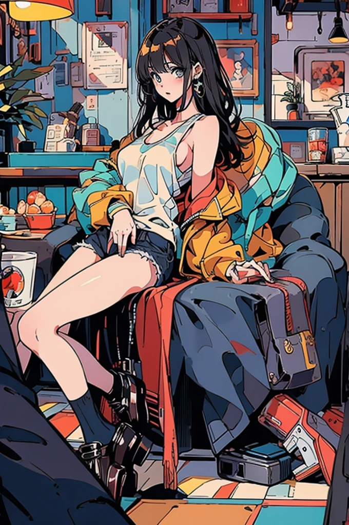 (masterpiece:1.2), Highest quality,Pixiv,Rebellious girl,Portraiture,Tank top、Immediately after intense sex、Ecstasy、Midsummer clothes、Full body portrait、Shorts