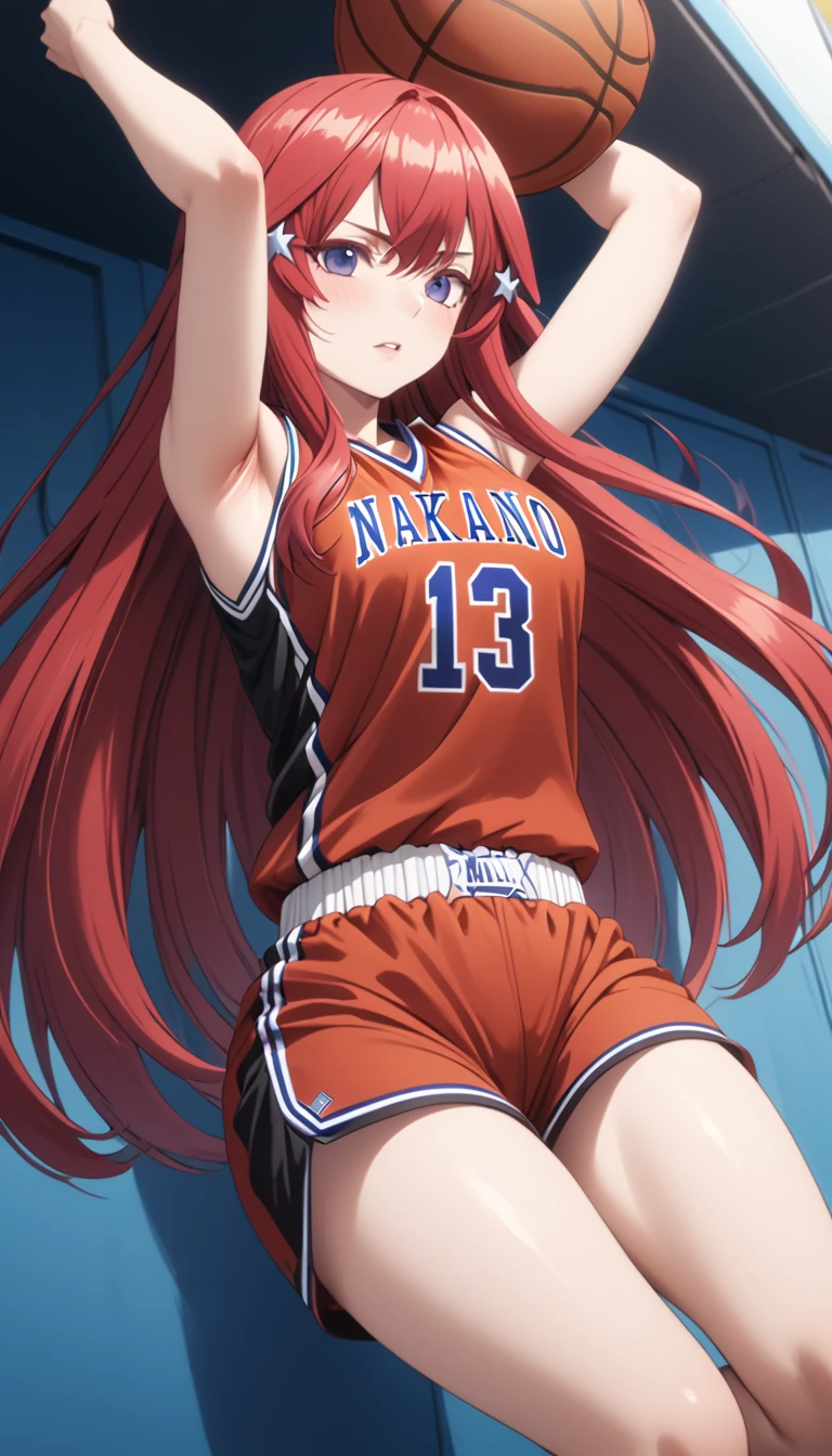 (Highest quality、Masterpiece、Very detailed、4K)、One Woman、************、Red Hair、Long Hair、(((Nakano May)))、Star-shaped hair fastening、chest、arm、Beautiful armpits、Beautiful navel、Beautiful thighs、(((Wearing a basketball uniform)))