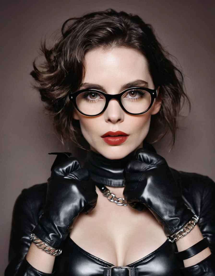 A polaroid shot of an intelligent 35-year-old dominant brunette with disheveled hair, a very thin face, pale white skin, very high cheekbones, large full lips, the largest lips, small glasses, deep mouth, dark plump glossy lips, very bright makeup. Very thin. Naked sexy model. in bdsm style. Wearing in leather gloves. A magnificent hairstyle. Shiny steel bracelets on top of black gloves. and Shiny steel bracelet necklaces are on her wrists. On her head, face and mouth, she has a leather harness. Leather garters on his feet. A sexy pose. 