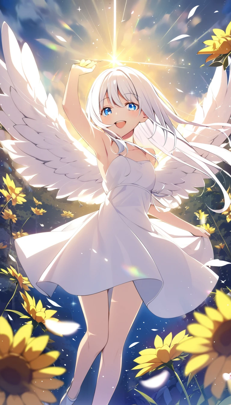one girl, angel, white hair, light blue eyes, white dress, cheerful, angel wing, sacred