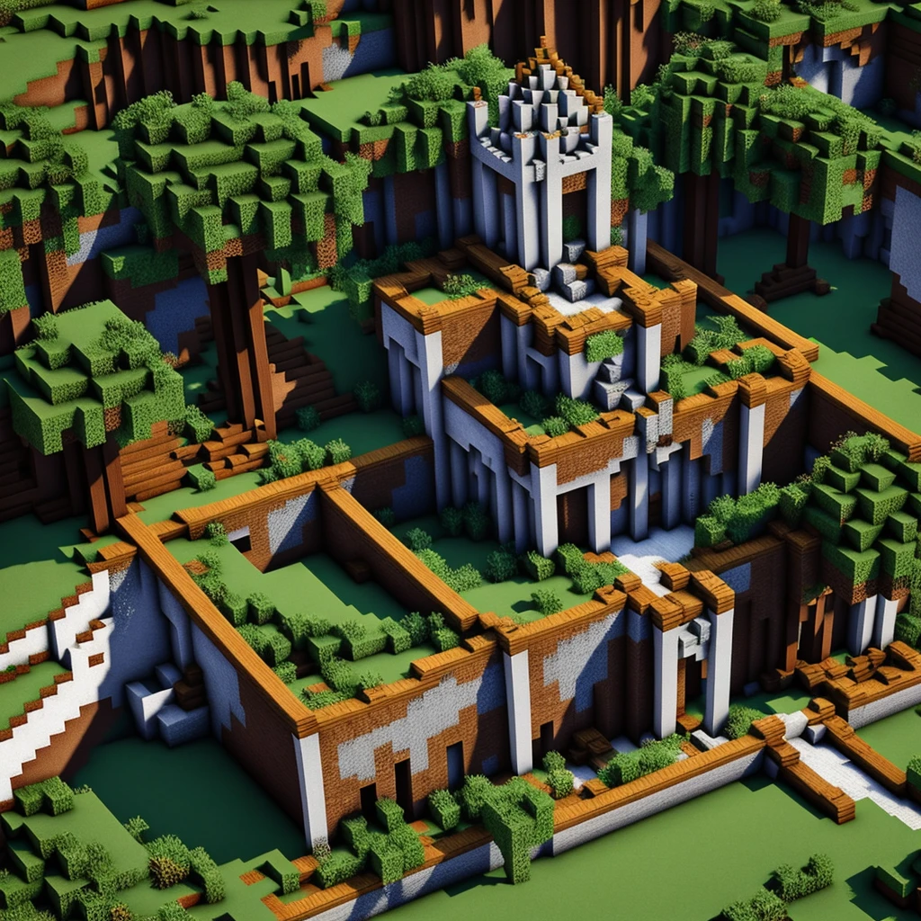 minecraft square style, cg, computer graphics, forest, montaña y un castillo en el fondo a lo lejos