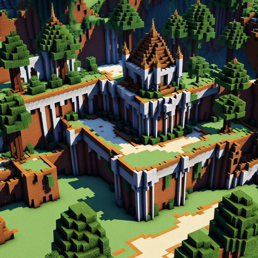 minecraft square style, cg, computer graphics, forest, montaña y un castillo en el fondo a lo lejos