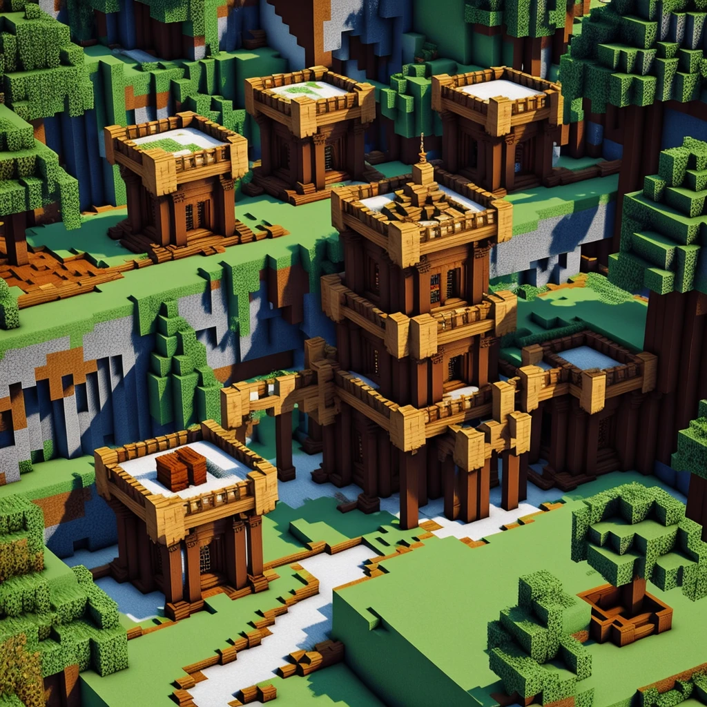 minecraft square style, cg, computer graphics, forest, montaña y un castillo en el fondo a lo lejos