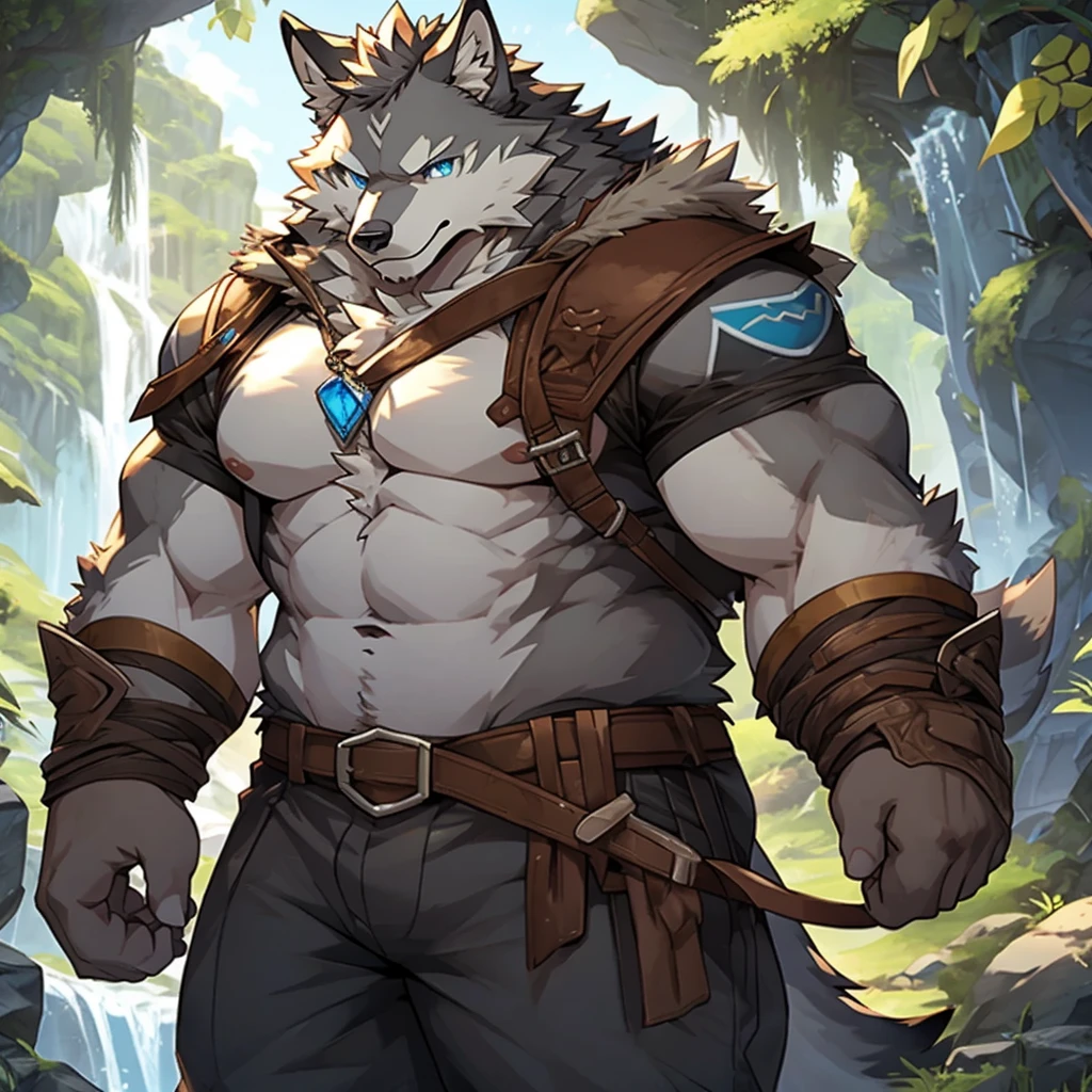 Furry,solo,gray wolf, blue Eyes, Chunky,bare pecs,bare belly, Wear an adventurer's outfit,There is a red cloth.,red scarf,Behind is a mountain.,There is a waterfall.,Standing on the rocks by the waterfall,High resolution imageHDR,4K