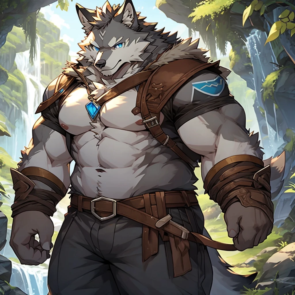 Furry,solo,gray wolf, blue Eyes, Chunky,bare pecs,bare belly, Wear an adventurer's outfit,There is a red cloth.,red scarf,Behind is a mountain.,There is a waterfall.,Standing on the rocks by the waterfall,High resolution imageHDR,4K