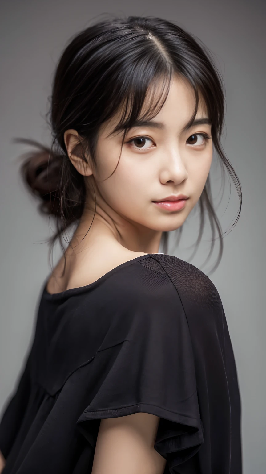 濃いメイク、真っ赤なリップ,masterpiece,best quality,ultra detailed,highres,high-resolution,4k,realistic,RAW photo,((real person)),portrait photography,photorealistic,detailed skin,(delicate black eyes ), A soothing woman with sagging eyes,Calm and calm, middle hair,skinny,clothing,The wind is blowing,tareme