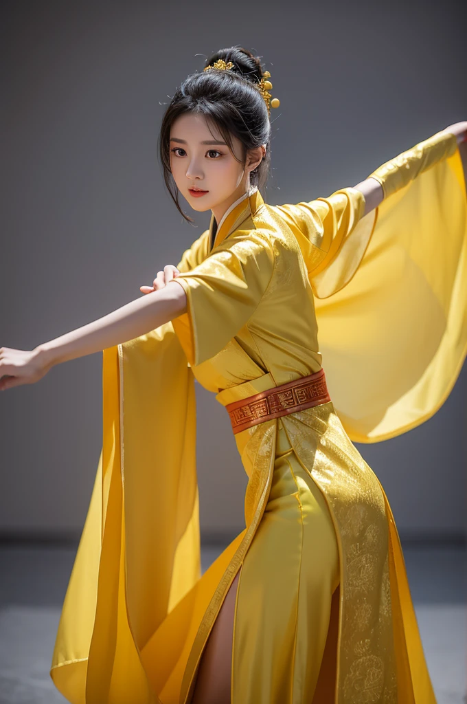 A Chinese girl wearing hanfu dress,
dancer ,
front view, dress in an exquisite golden and
yellow dress
full-boby shot, simple background,
3D smooth caricature styled