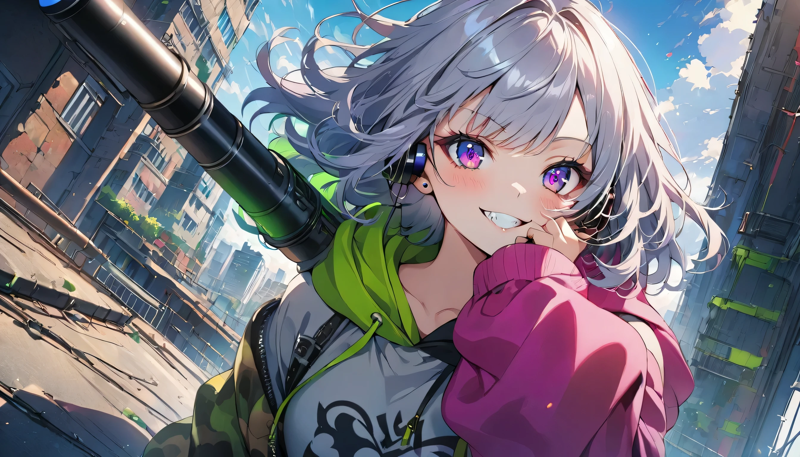 ((Masterpiece)), ((best quality)), (Anime:1.3), (super detail:1.2), (High Definition:1.3), (Professional Photography:1.3), cute young Girl, Glossy unruly hair, (loose swept bangs), (silver ash hair), medium hair, big eyes, (Eye bags:1.3), (Long eyelashes), colorful eyes, (set up a Rocket launcher:1.3), (peek into the aim:1.5), Glossy lips, (jagged teeth), (evil smile and blush), ((Camouflage hoodie with oversized)), mini skirt, (upper body:1.3), wind, barearms, cute, (colorful:1.3), gothic makeup, (wearing headphone), pretty, Celtic, maniac, (at the roof of the building), (dutch angle:1.3),