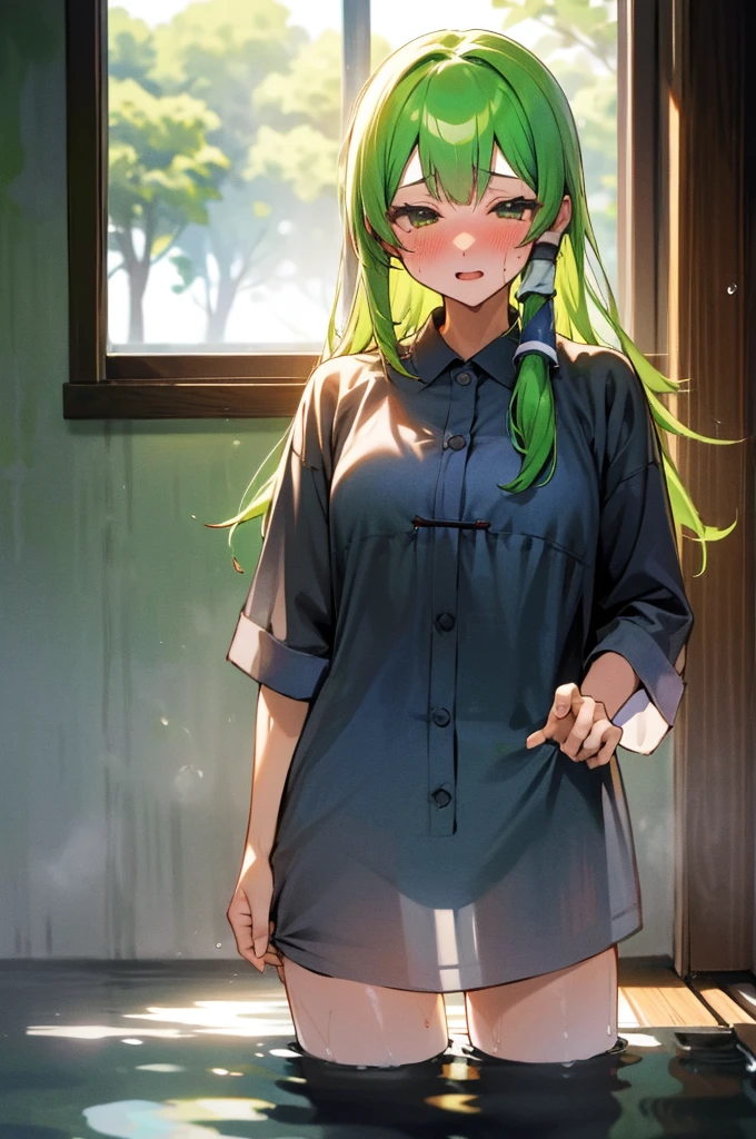 Oriental Project、Sanae Kochiya、Her breast size is D cup、She masturbates with her fingers。、Erotic、blush、Pussy、Embarrassing、Fingering her pussy、My pussy is wet、sexy、Green Hair、Face is bright red、My pussy is wet、Embarrassed、Sexy、