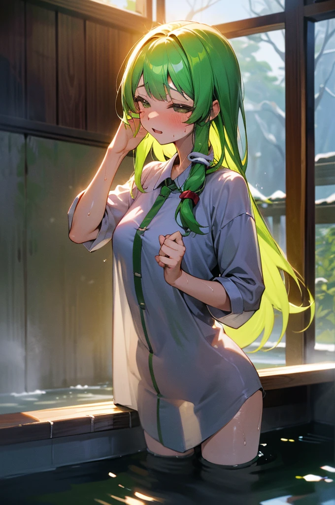 Oriental Project、Sanae Kochiya、Her breast size is D cup、She masturbates with her fingers。、Erotic、blush、Pussy、Embarrassing、Fingering her pussy、My pussy is wet、sexy、Green Hair、Face is bright red、My pussy is wet、Embarrassed、Sexy、