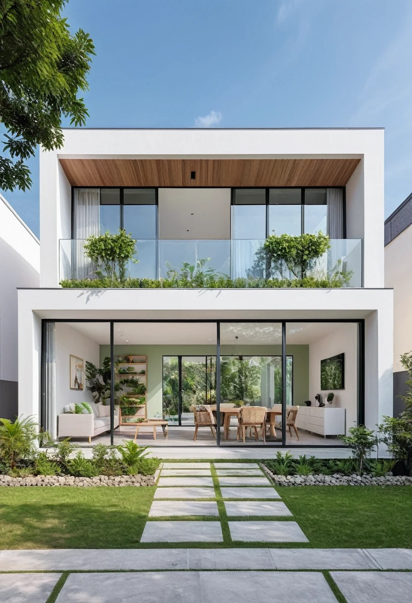 A modern single-story house with a chic furniture showroom. The facade is less than 5 meters wide, featuring large glass windows and doors. The exterior has white and pastel tones with integrated green plants. The house has only one floor.