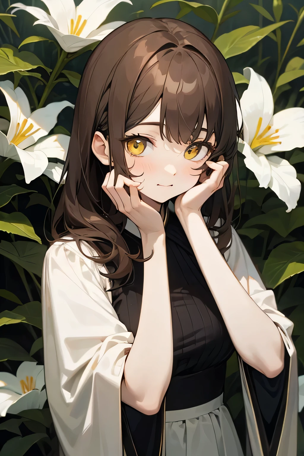 adult、Cute outfits、Hands on the face , Brown Hair ,Single flower in the hair, White skin,Yellow Eyes、