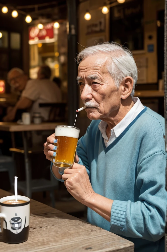 Hold a lit cigarette in your right hand、An old man-like robot drinking a mug of beer in its left hand