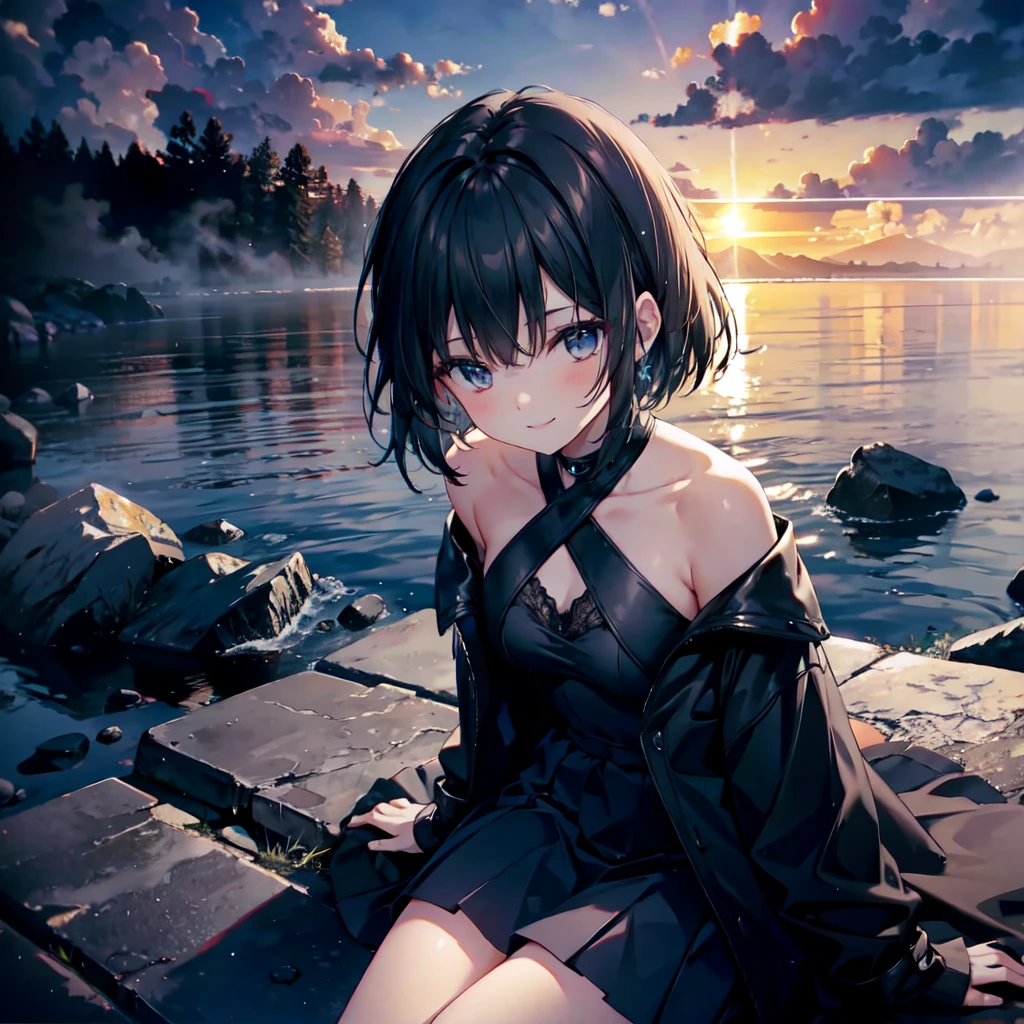 (Dark Scene, Soft lighting, High saturation):1.4, Vivid lighting, Enchanting elegance, Atmospheric Depth, Great technology, Naturalistic representation, Harmonious composition, Creative refinement, Striking contrast,
(One beautiful girl), Sitting, smile, View your audience, From above, Sharp focus, shoulder, Expose, Short black hair
((sunset)),Volumetric Fog, Outdoor, Backlight