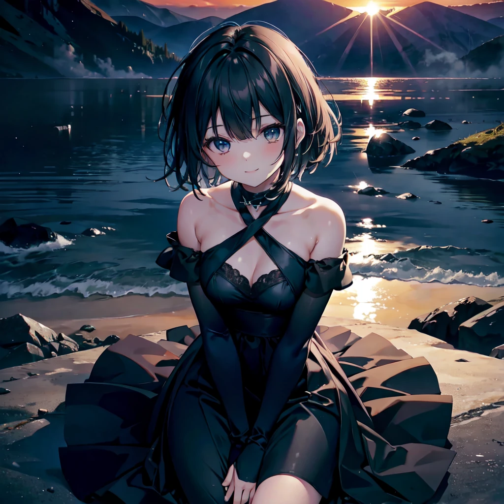 (Dark Scene, Soft lighting, High saturation):1.4, Vivid lighting, Enchanting elegance, Atmospheric Depth, Great technology, Naturalistic representation, Harmonious composition, Creative refinement, Striking contrast,
(One beautiful girl), Sitting, smile, View your audience, From above, Sharp focus, shoulder, Expose, Short black hair
((sunset)),Volumetric Fog, Outdoor, Backlight