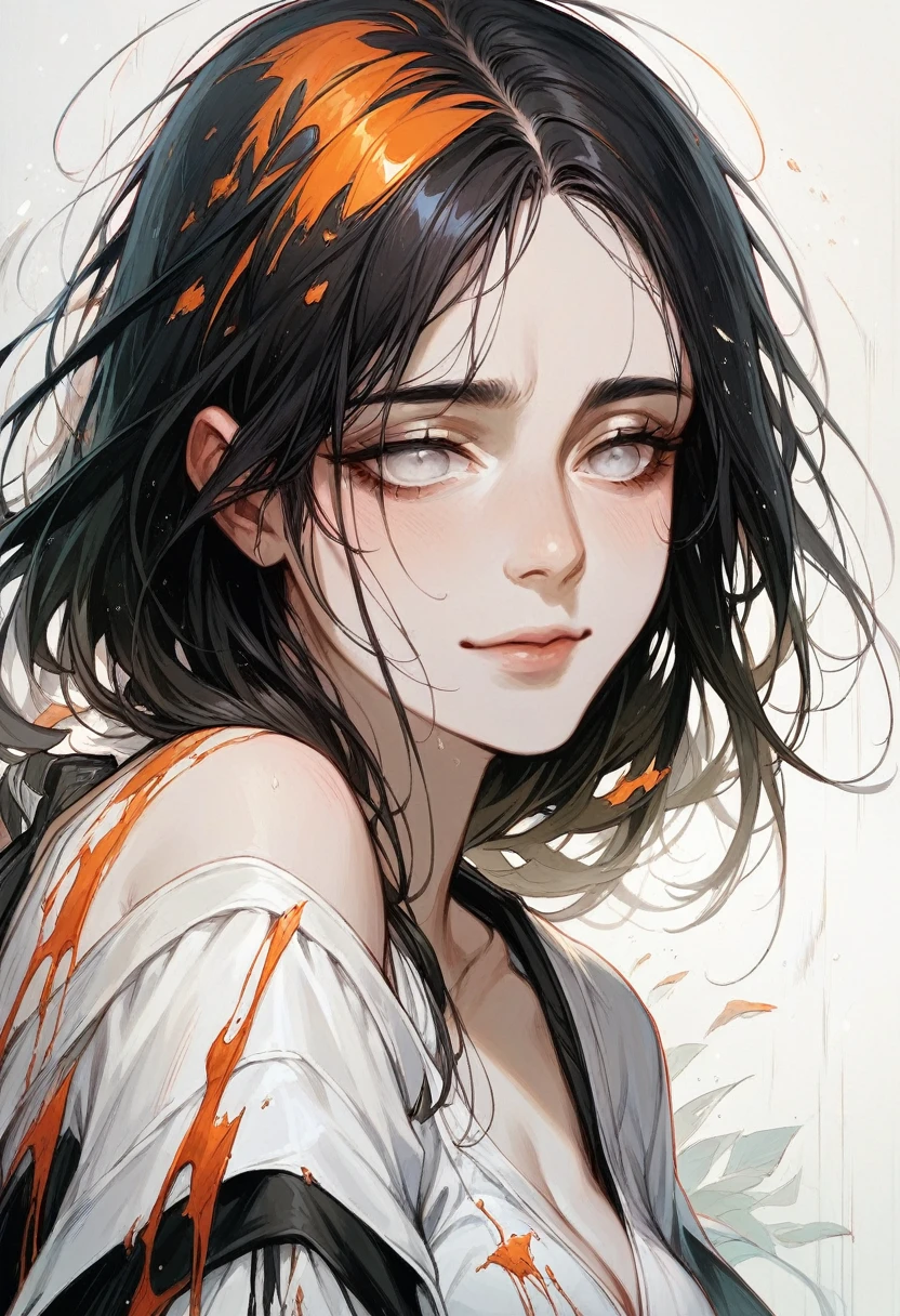 Girl with a gentle and sad smile, black like the night hair and completely white eyes